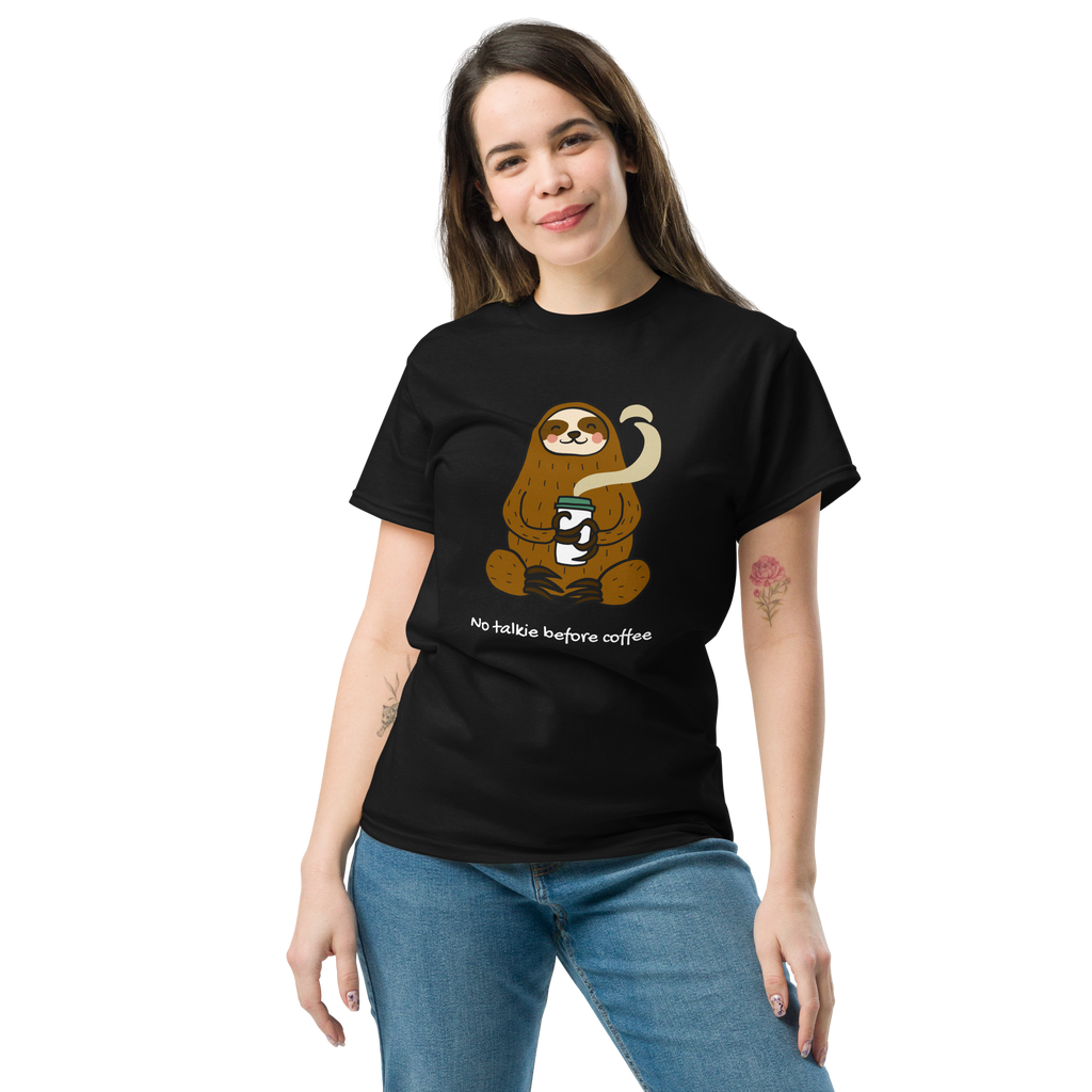 No Talkie Before Coffee Tee - Sloth Graphic T-Shirt for Coffee Lovers - OFFSIDE CLUB