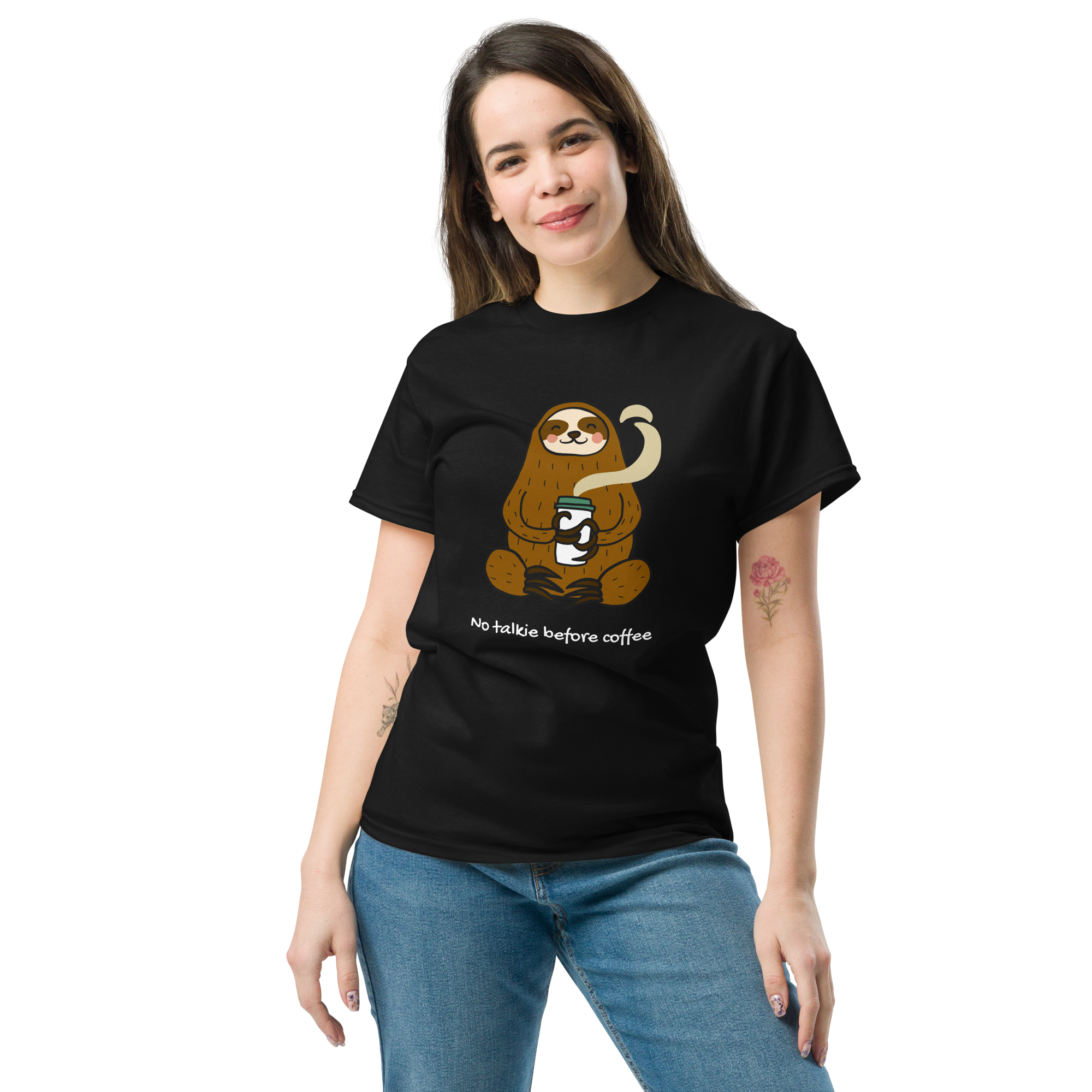 No Talkie Before Coffee Tee - Sloth Graphic T-Shirt for Coffee Lovers - OFFSIDE CLUB