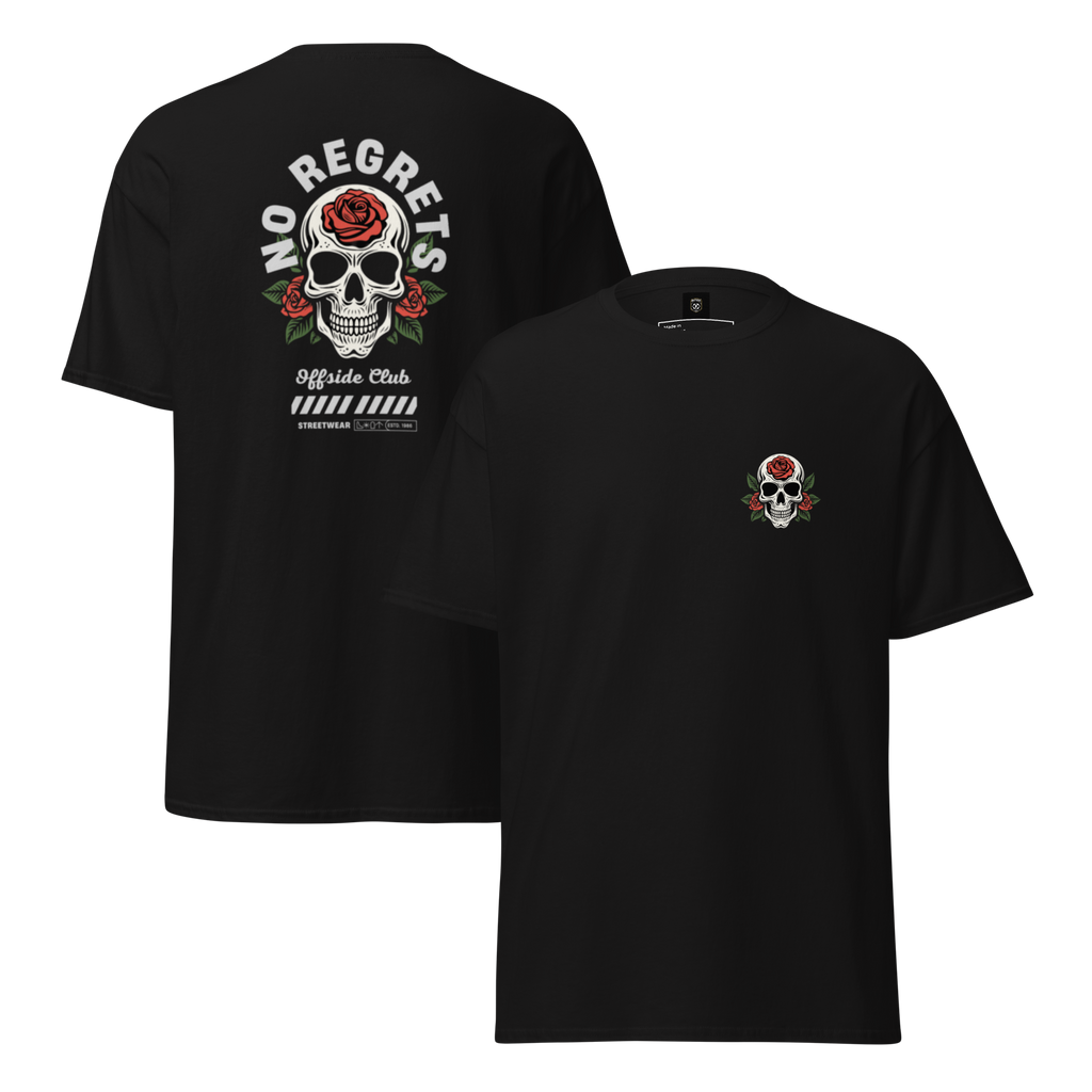 No Regrets Skull Rose Tee - Streetwear Graphic Tee for Bold Style - OFFSIDE CLUB