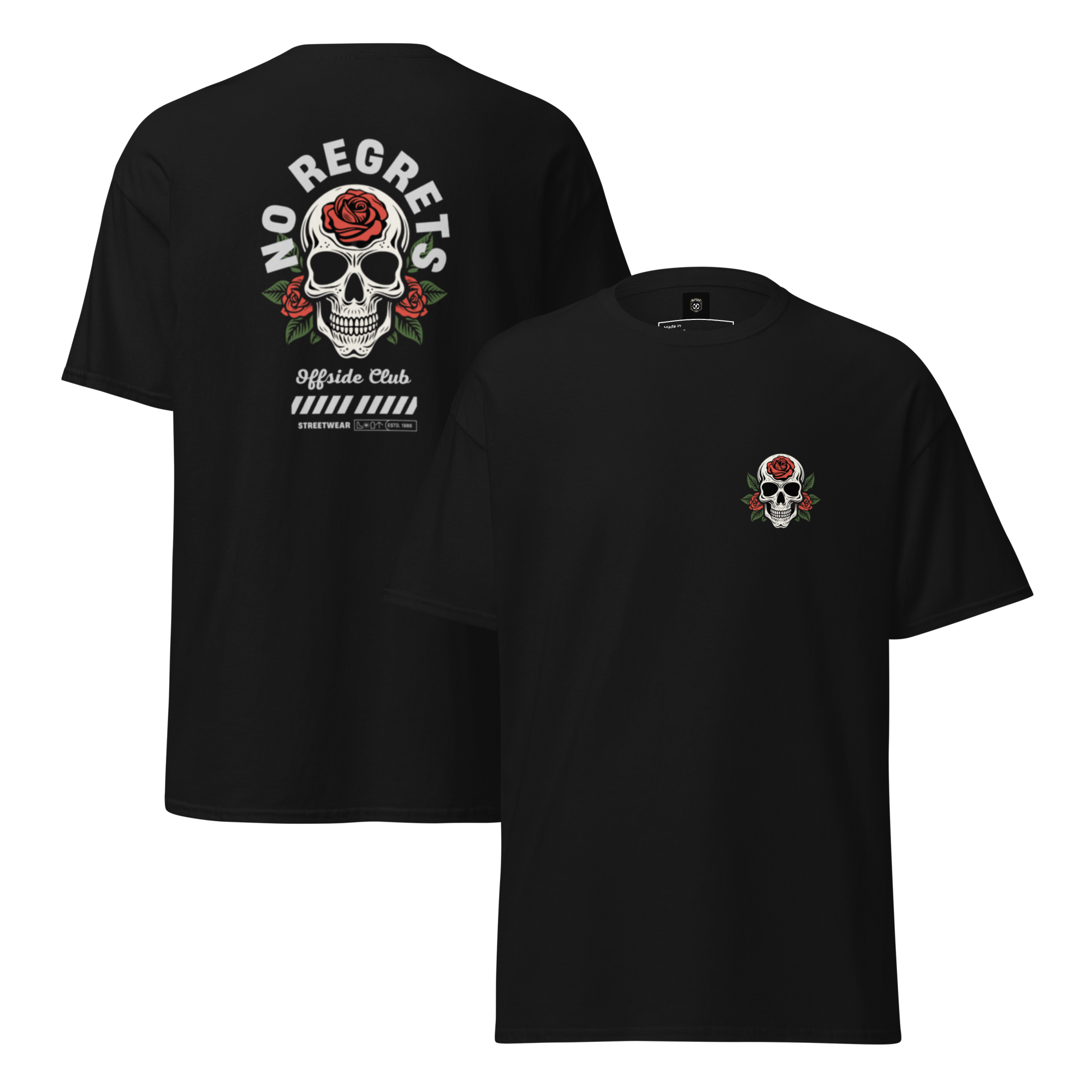 No Regrets Skull Rose Tee - Streetwear Graphic Tee for Bold Style - OFFSIDE CLUB