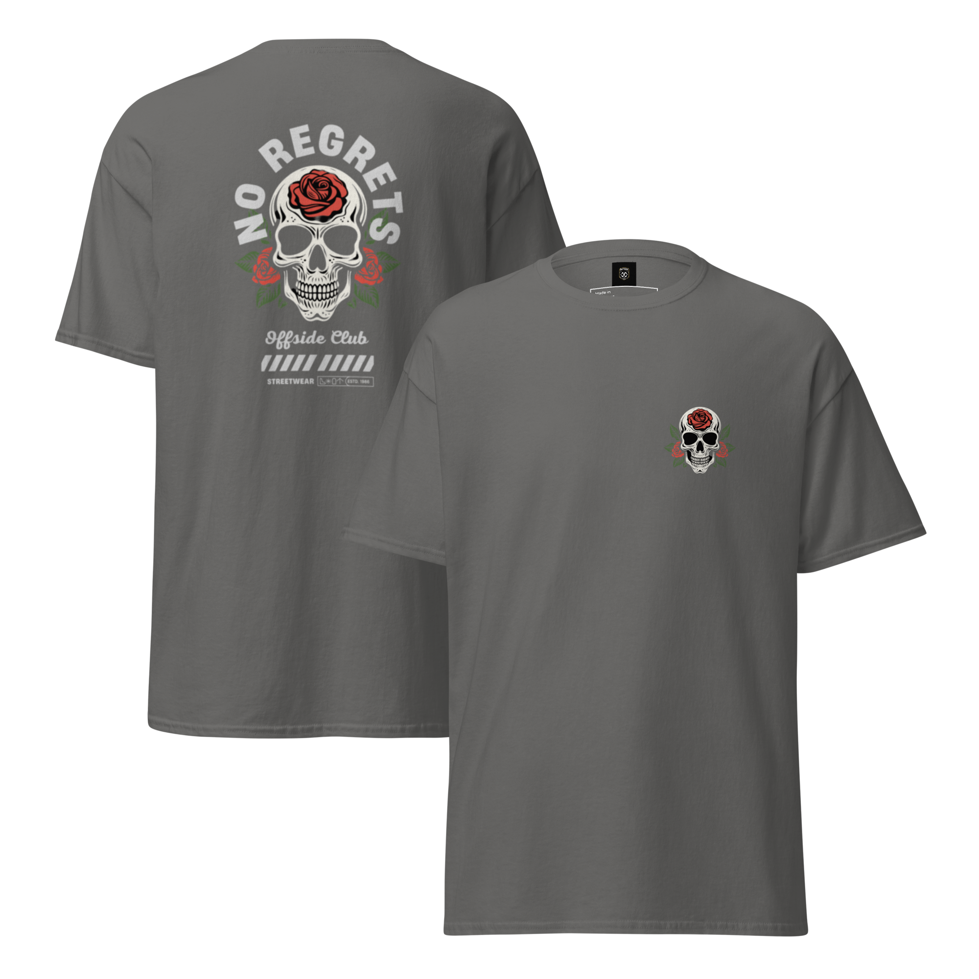 No Regrets Skull Rose Tee - Streetwear Graphic Tee for Bold Style - OFFSIDE CLUB
