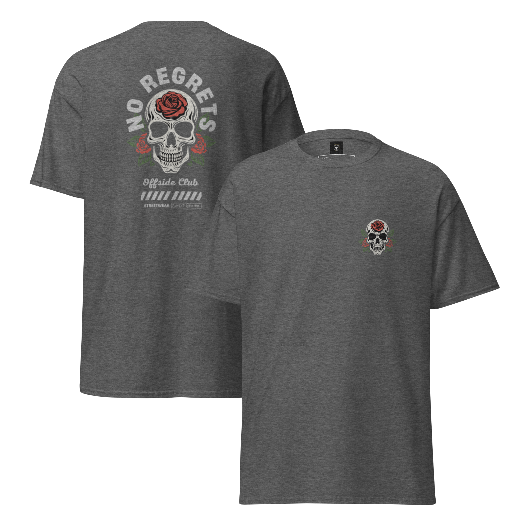 No Regrets Skull Rose Tee - Streetwear Graphic Tee for Bold Style - OFFSIDE CLUB