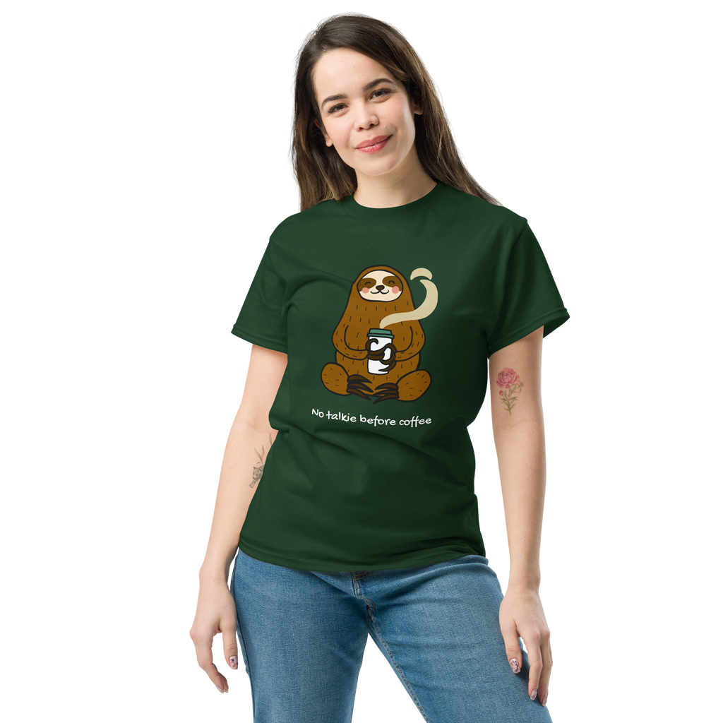 No Talkie Before Coffee Tee - Sloth Graphic T-Shirt for Coffee Lovers - OFFSIDE CLUB