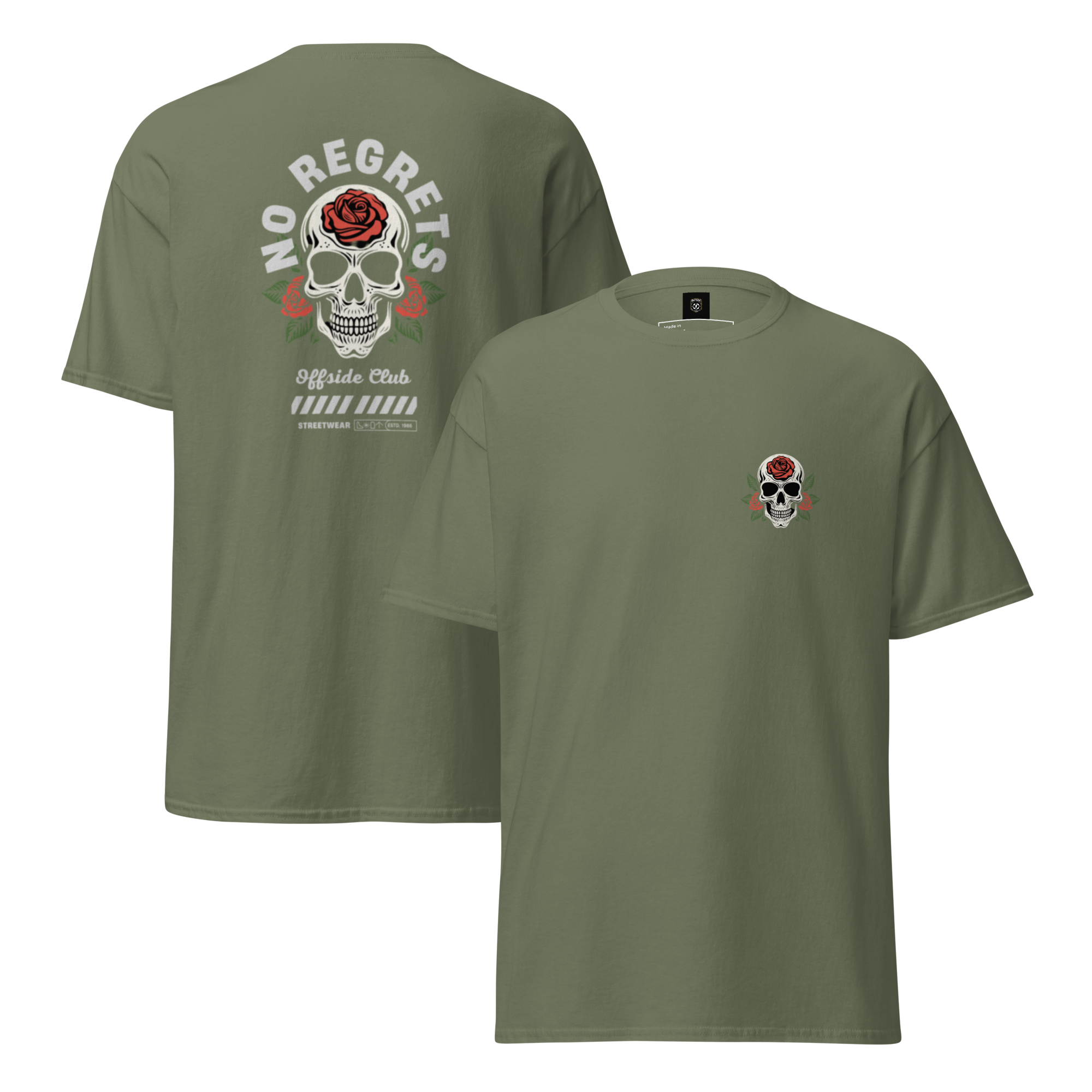 No Regrets Skull Rose Tee - Streetwear Graphic Tee for Bold Style - OFFSIDE CLUB