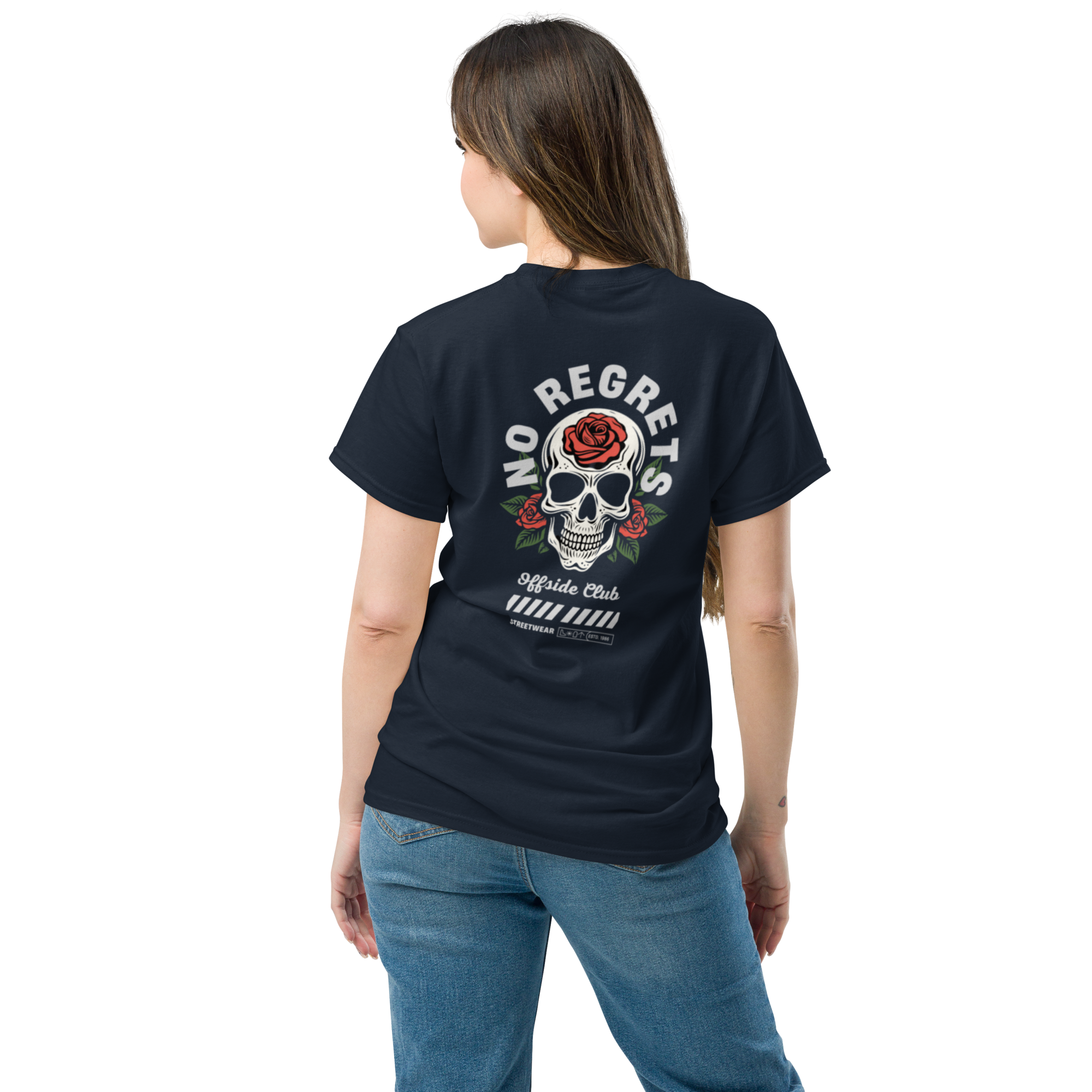 No Regrets Skull Rose Tee - Streetwear Graphic Tee for Bold Style - OFFSIDE CLUB