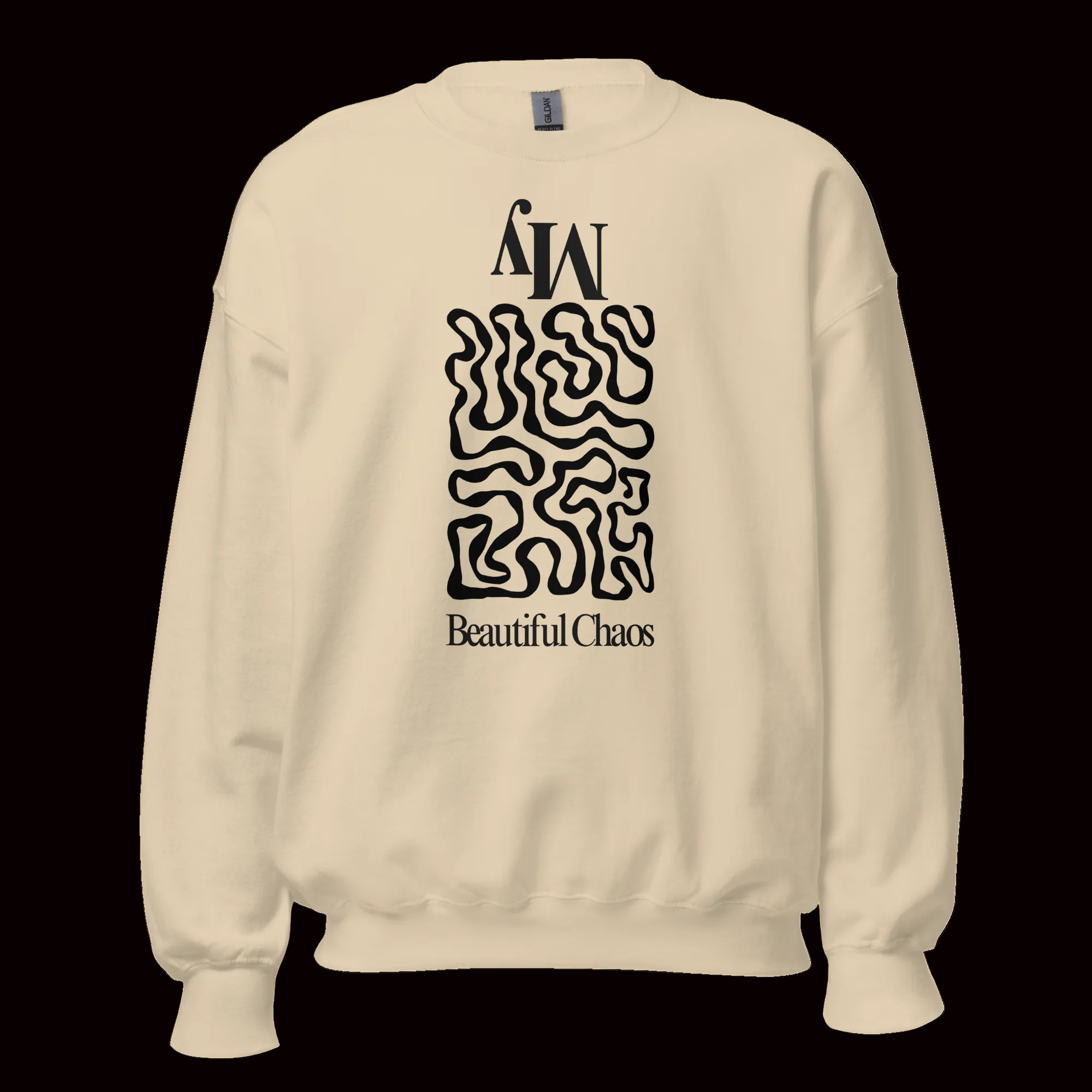 Beige sweatshirt with black abstract design and text on a white background